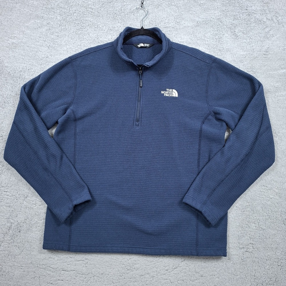 The North Face Mens L Waffle Knit Cap Rock Fleece Quarter Zip Pullover Navy Blue